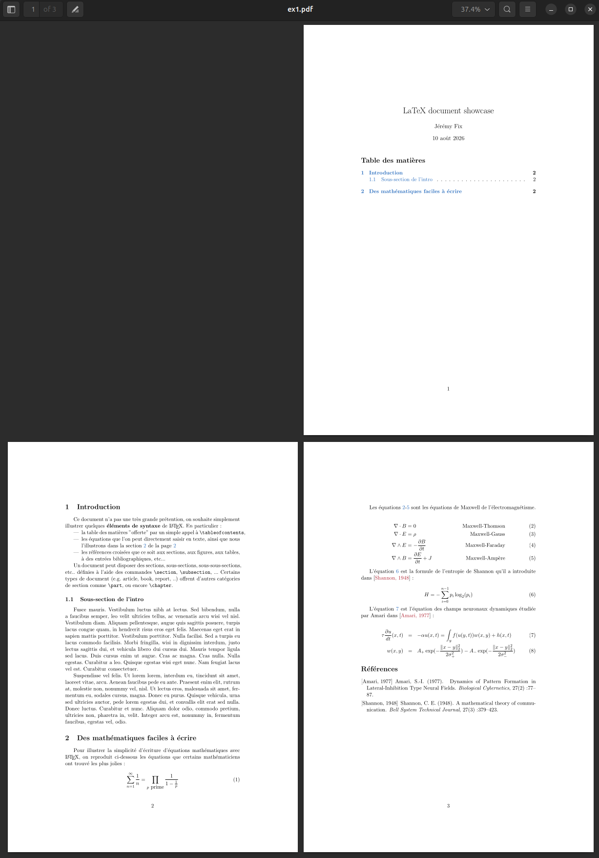 Document latex transformé en pdf pour illutrer les références bibliographiques, équations mathématiques, références croisées.