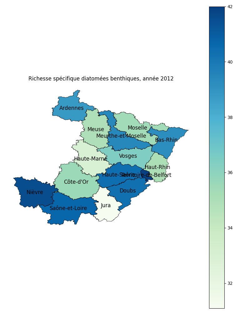 Illustration de la richesse spécifique moyennée par département pour l'année 2012